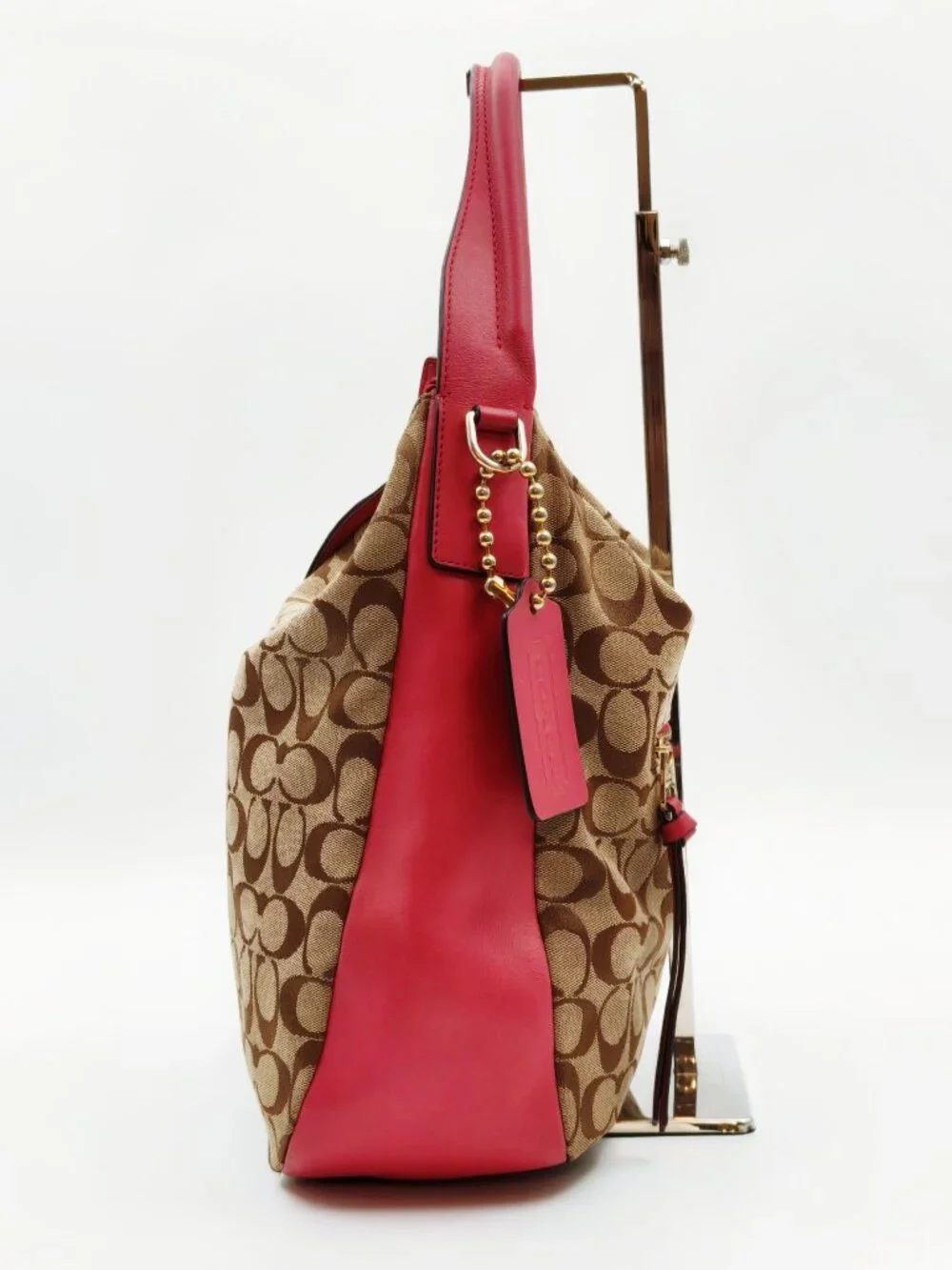 Coach Signature C Jacquard Hobo Shoulder Bag Brown Pink Leather Trim